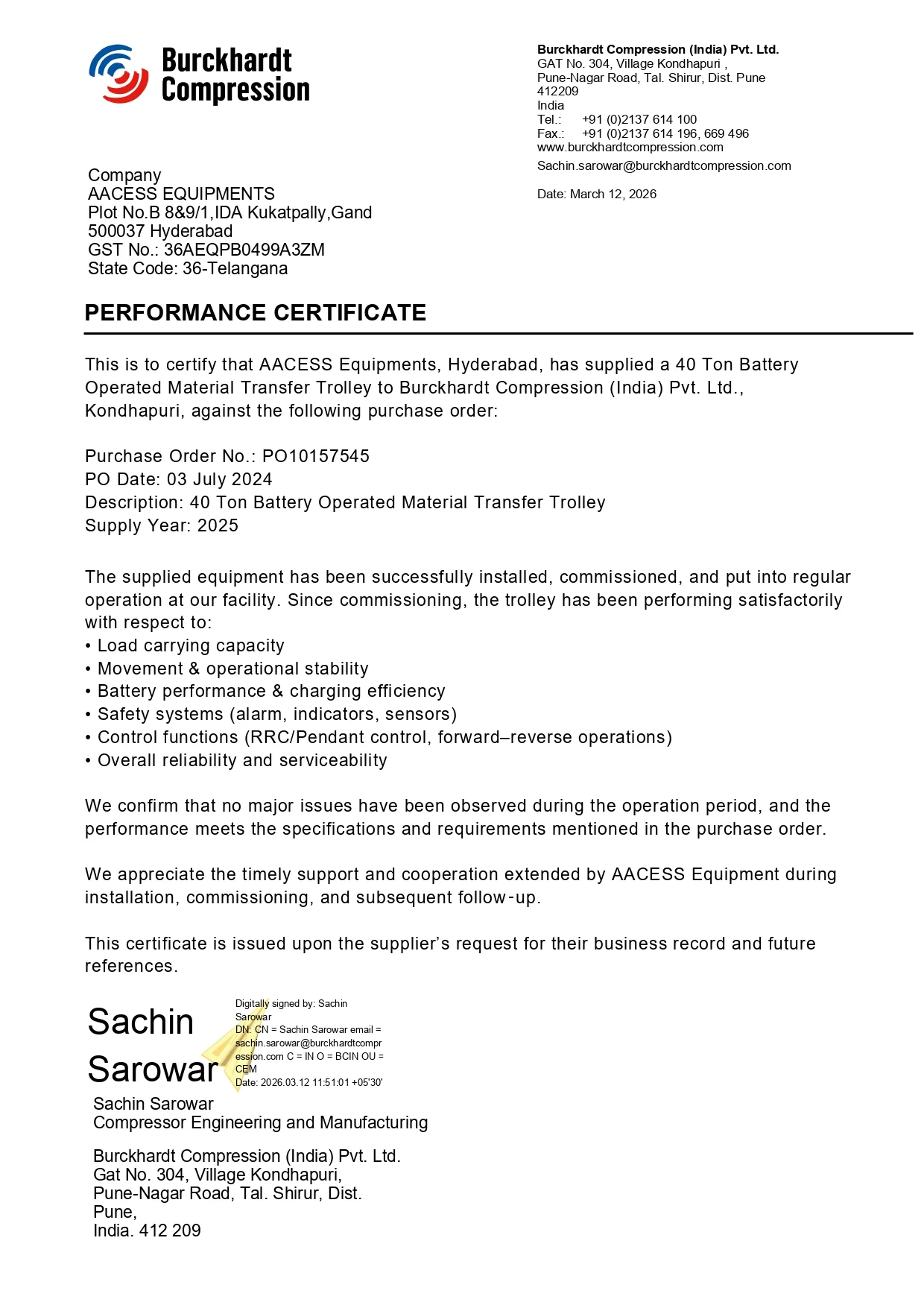 Burckhardt Compression Performance Certificate