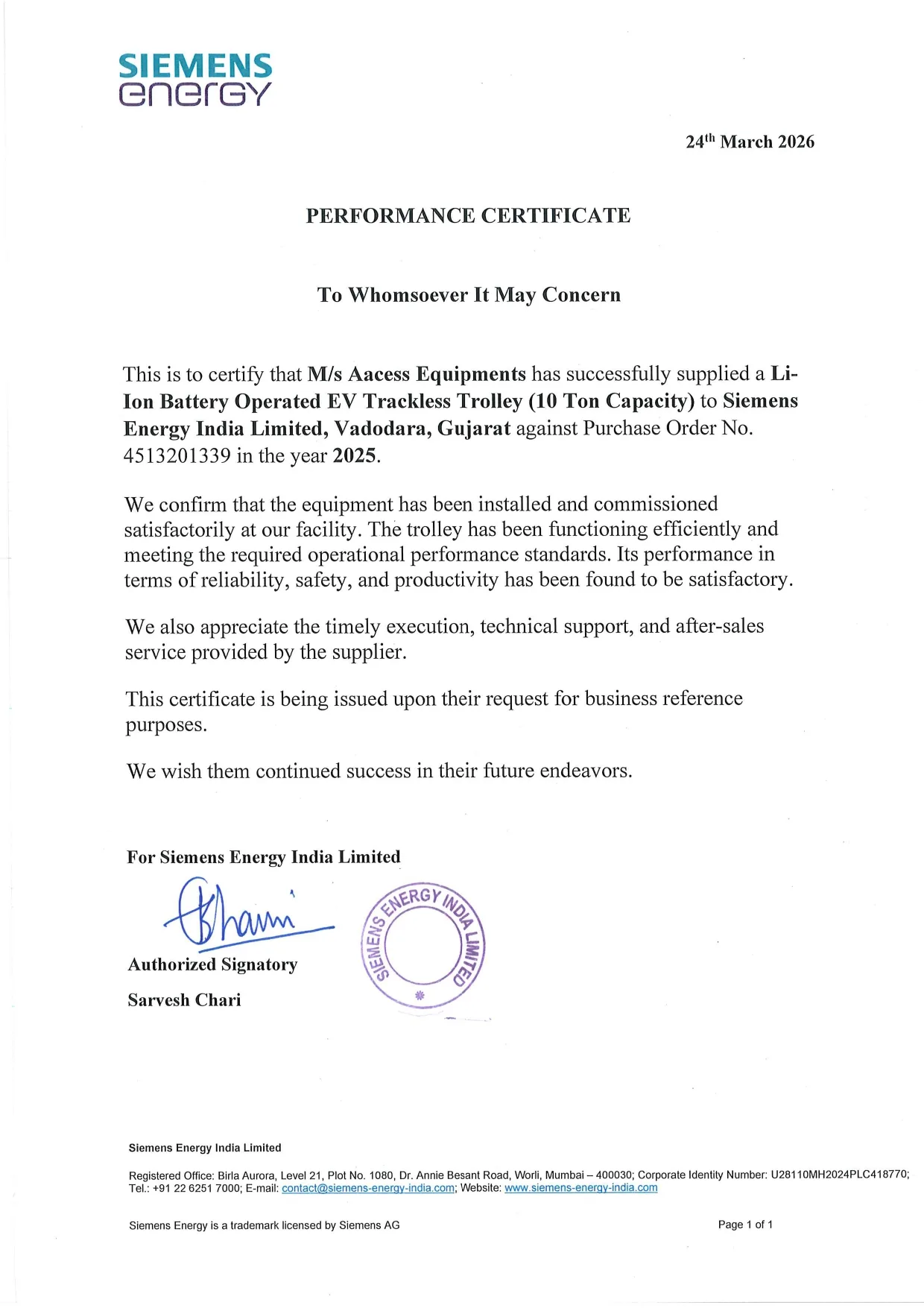 Siemens Energy Performance Certificate